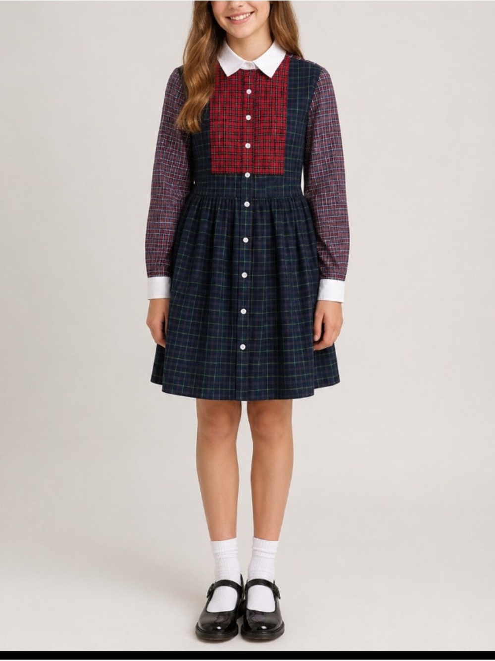 Polo by Ralph Lauren Navy Plaid Dress with Red Bodice and White Collar